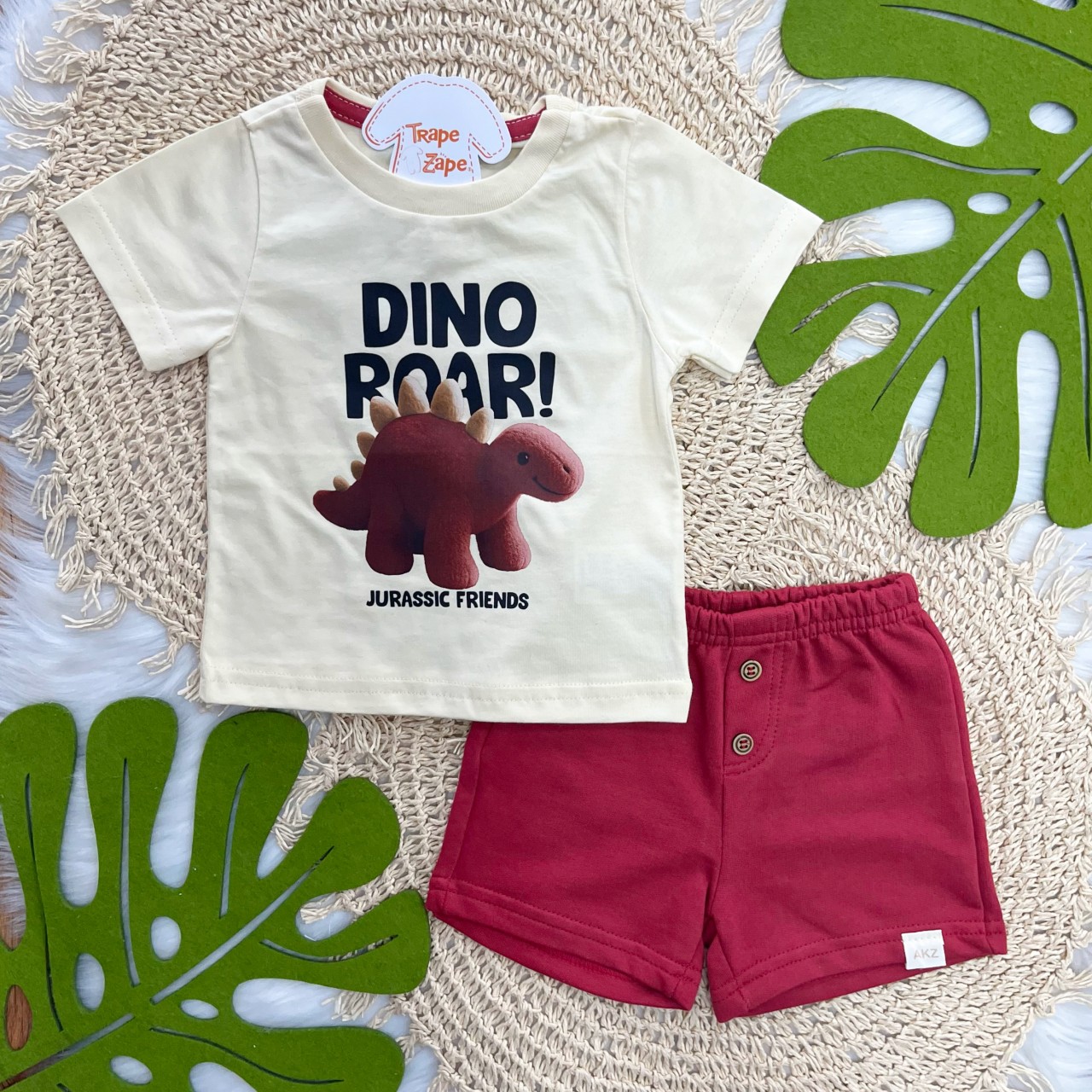 Conj. Camiseta Dino Roar! e Bermuda - Creme e Vermelho